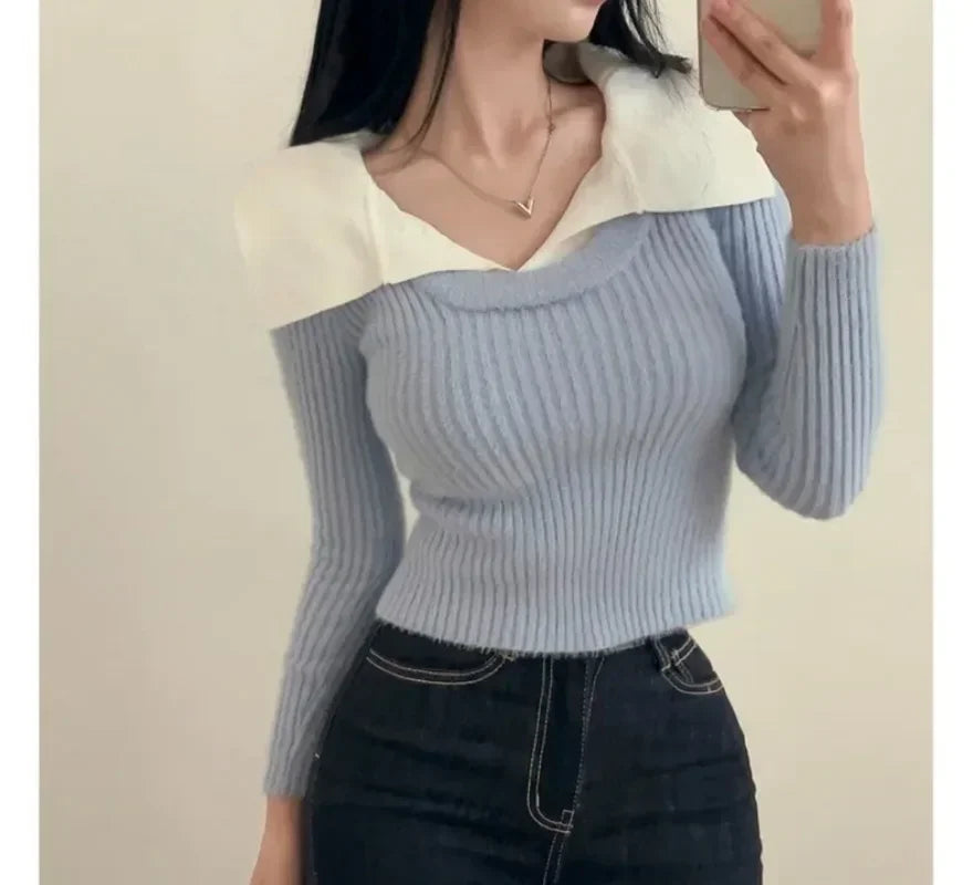 Long Sleeve Knitted Sweater Patchwork Pullovers SA086