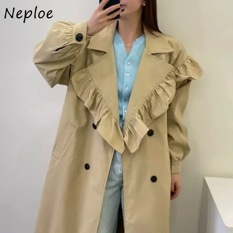 Ruffle Edge Splicing Long Windbreaker SA004