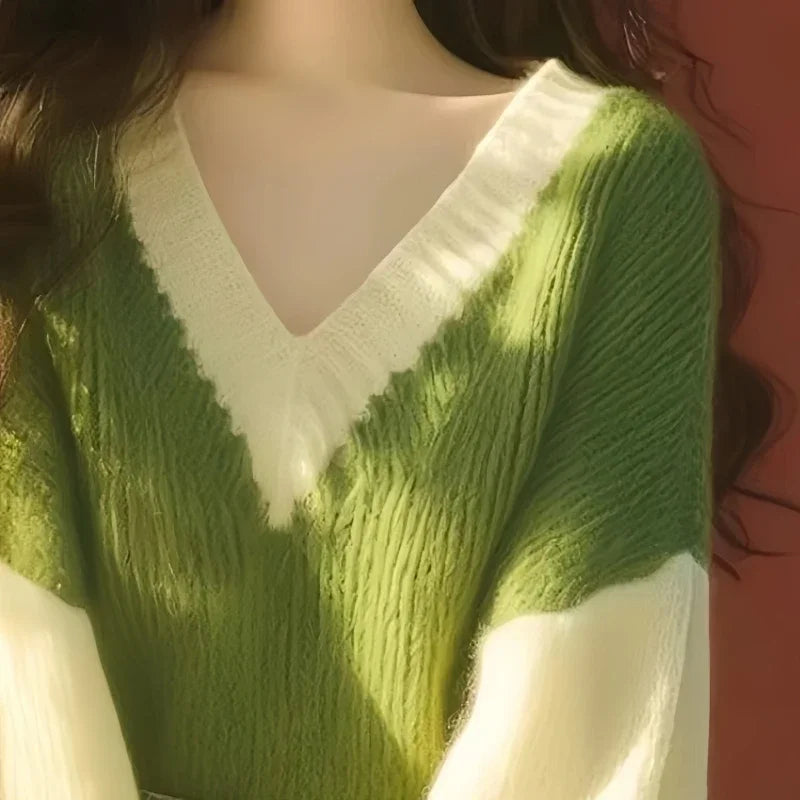 Green V-Neck Sweater Femme Knitted Pullover SA082