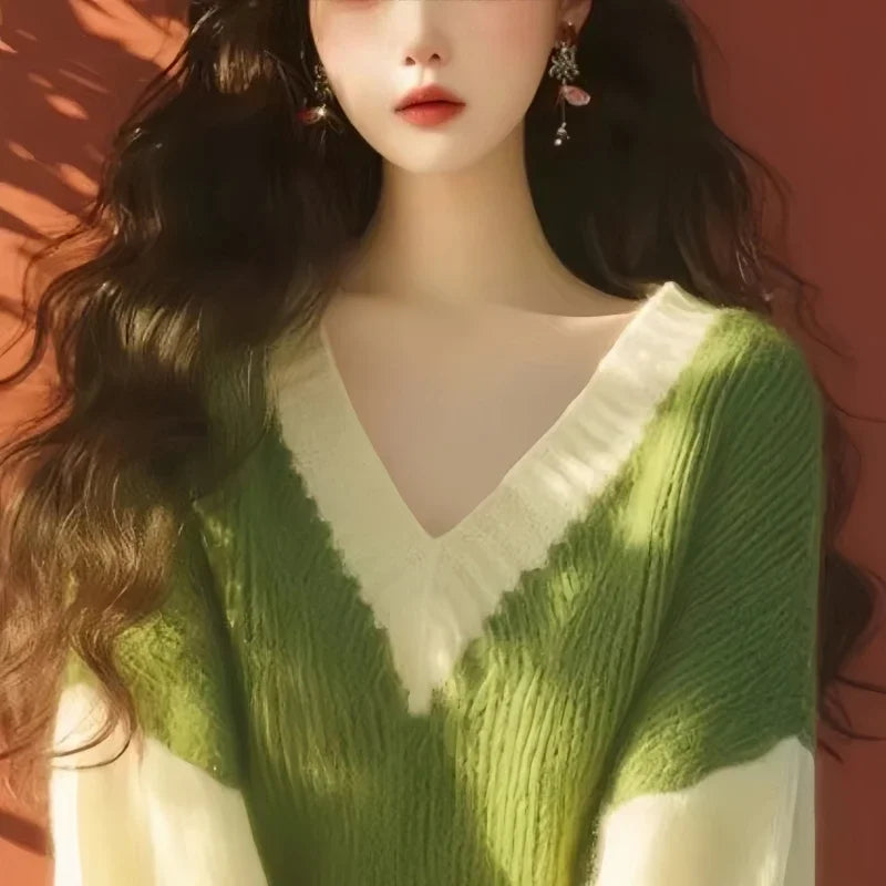 Green V-Neck Sweater Femme Knitted Pullover SA082