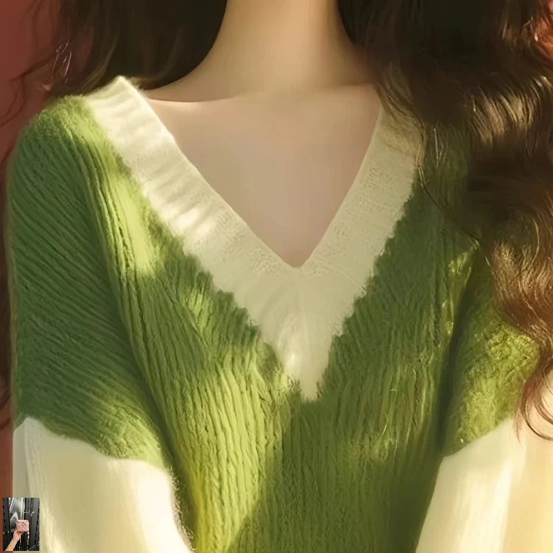 Green V-Neck Sweater Femme Knitted Pullover SA082