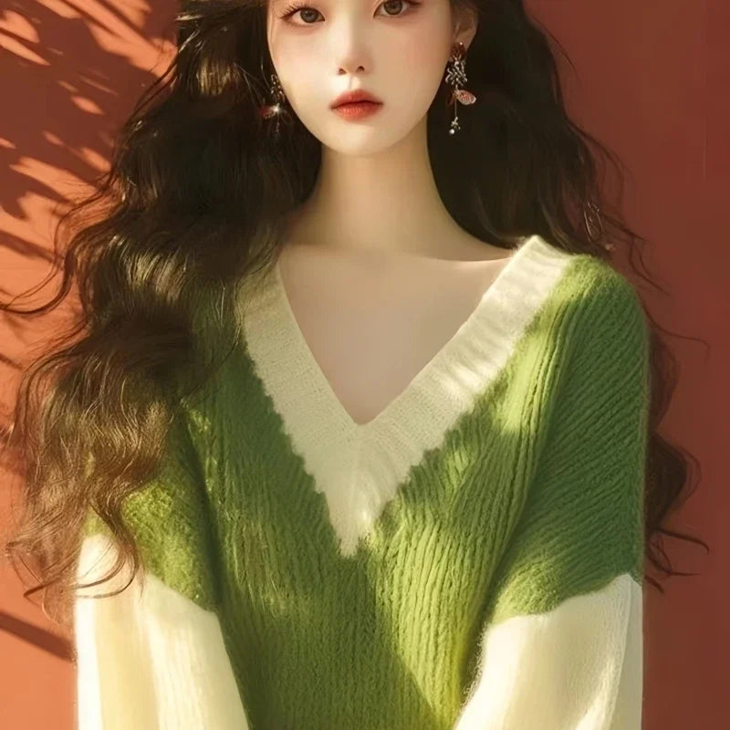 Green V-Neck Sweater Femme Knitted Pullover SA082