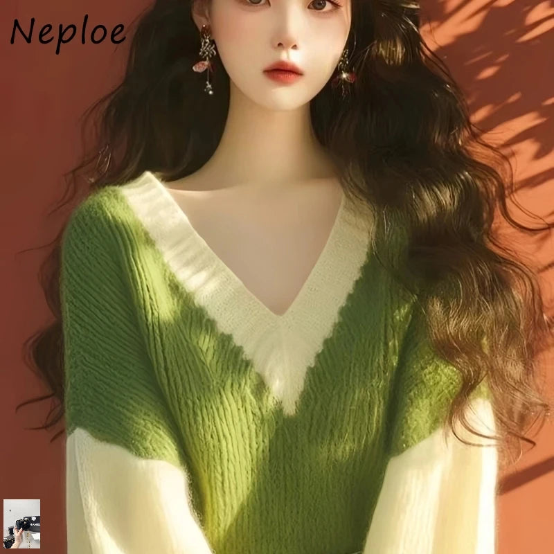 Green V-Neck Sweater Femme Knitted Pullover SA082