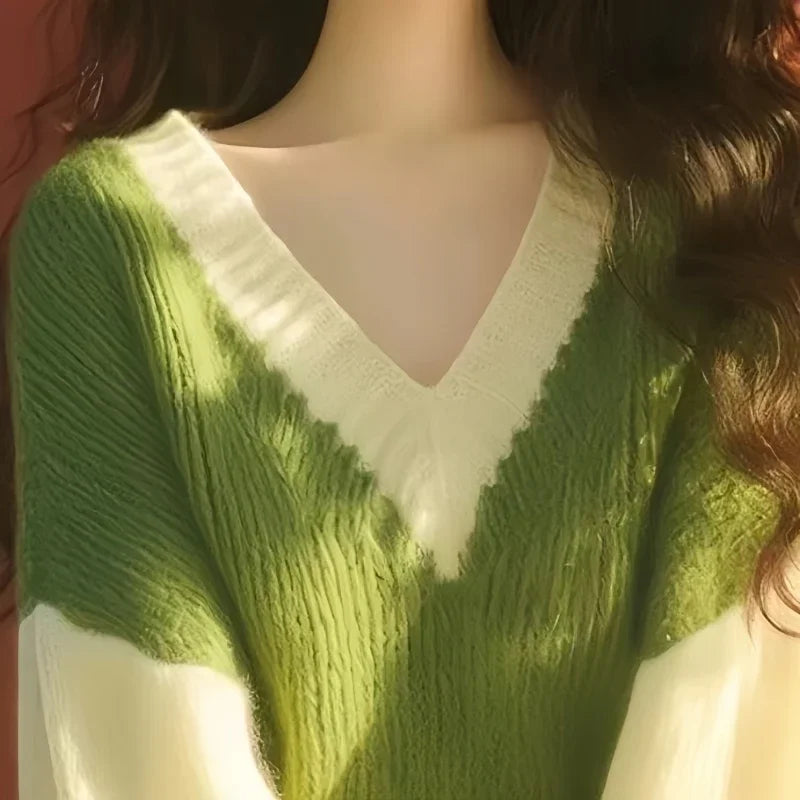 Green V-Neck Sweater Femme Knitted Pullover SA082
