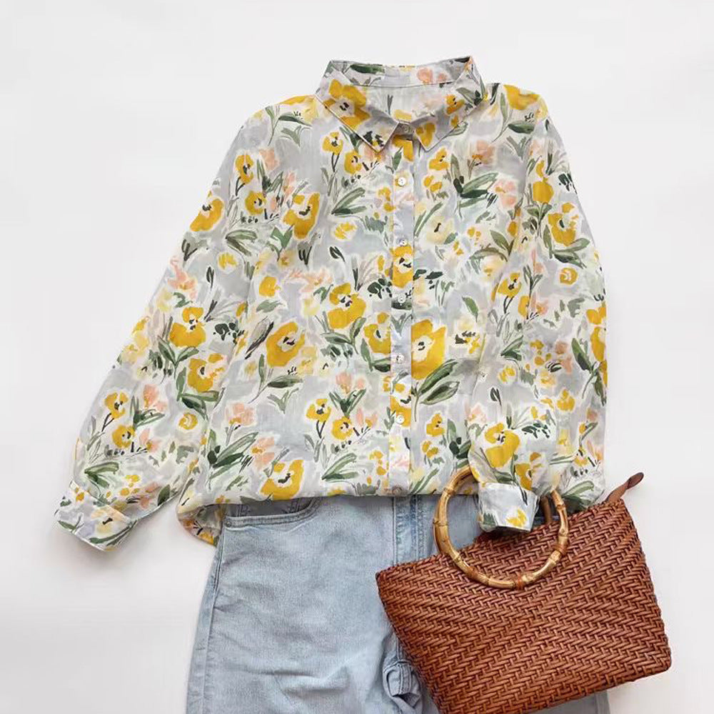 Ramie Printed Shirt Long Sleeve Women