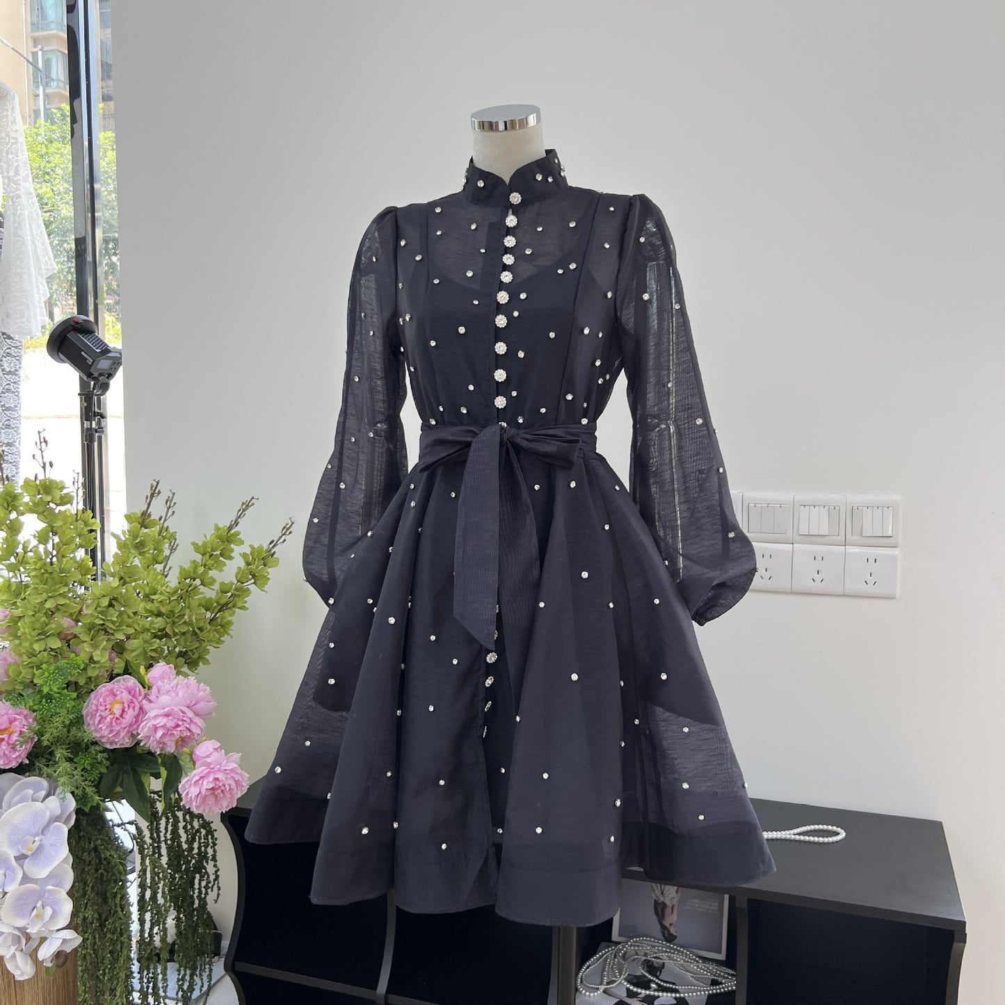 Bubble Long-sleeved Breasted Waist Dress SA368