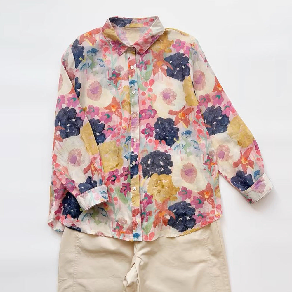Ramie Printed Shirt Long Sleeve Women