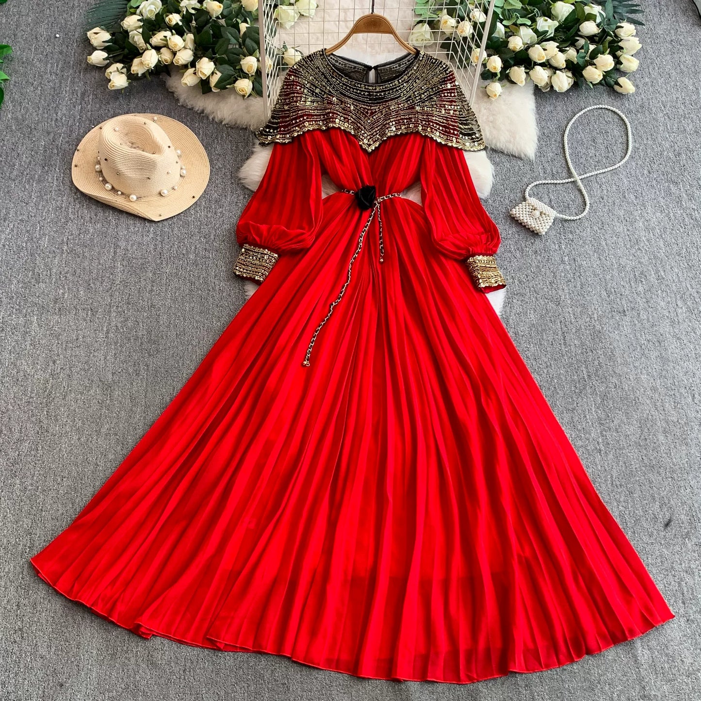 Sequin Lantern Sleeve Dress 64D118