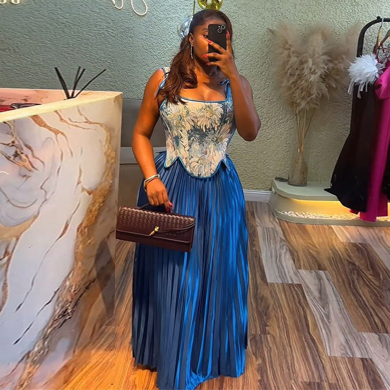 Printed Waist Vest High Waist Pleated Skirt Two-piece Set 69A917
