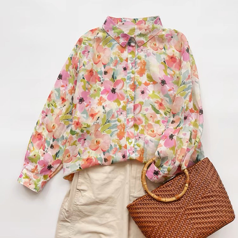 Ramie Printed Shirt Long Sleeve Women