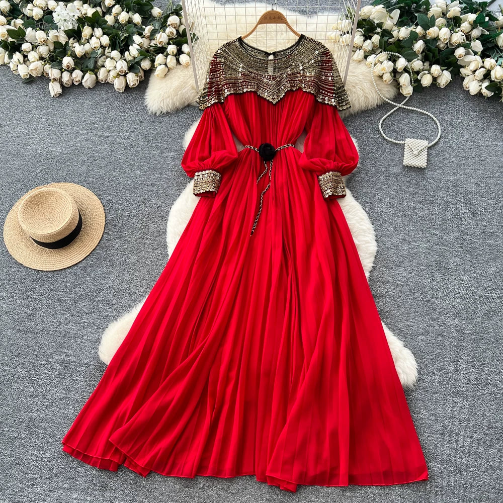 Embroidered Beaded Sequin Lantern Sleeve Dress 64D215