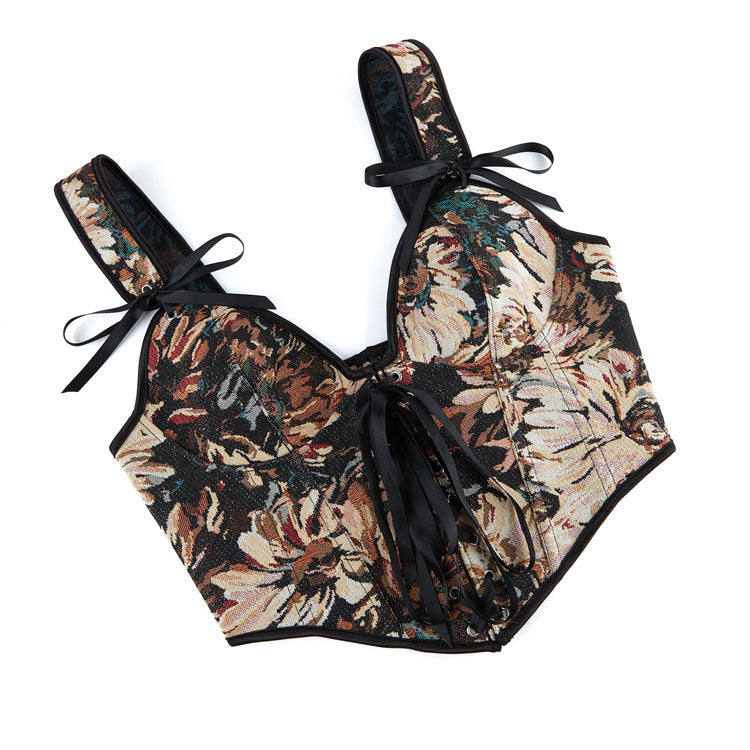 Oil Painting Style Body Sculpting Fish Bone Suspender Top 69A704