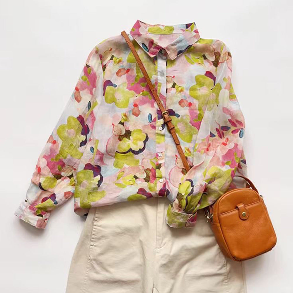 Ramie Printed Shirt Long Sleeve Women