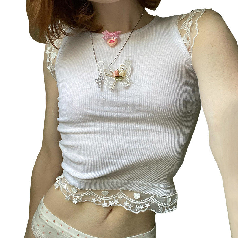 Round Neck Sleeveless Butterfly Embellished Lace Tops Vest 64D069