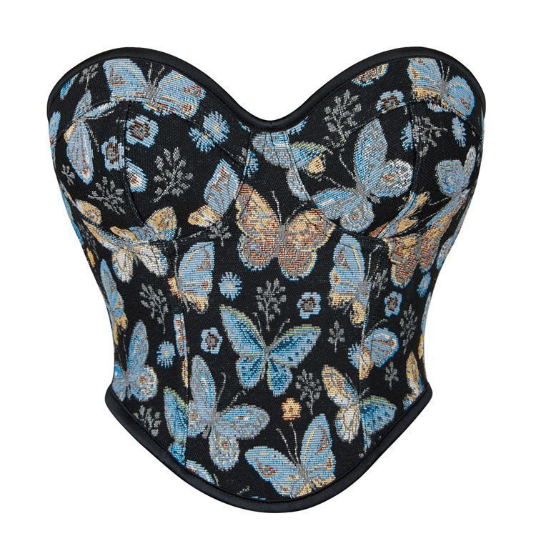 Blue Butterfly Corset Tube Top Gathering Court Fishbone Body Sculpting Sexy Top 69A631