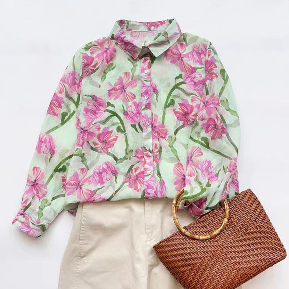 Ramie Printed Shirt Long Sleeve Women