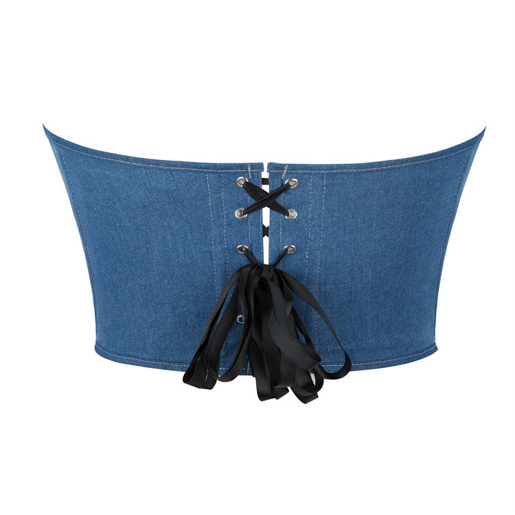 Blue Denim Rose Women Tube Top Corset Court Shapewear 69A630