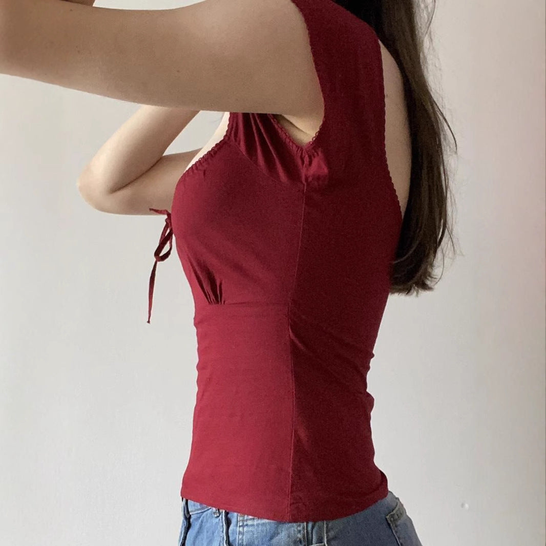 Square Neck Lace-Up Short Sleeve T-Shirt SA352