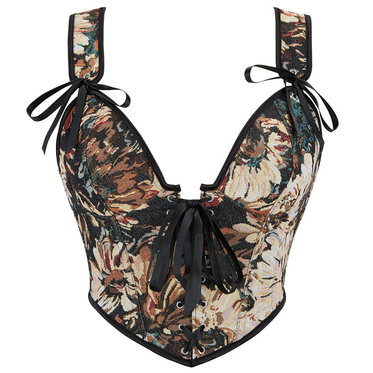 Oil Painting Style Body Sculpting Fish Bone Suspender Top 69A704