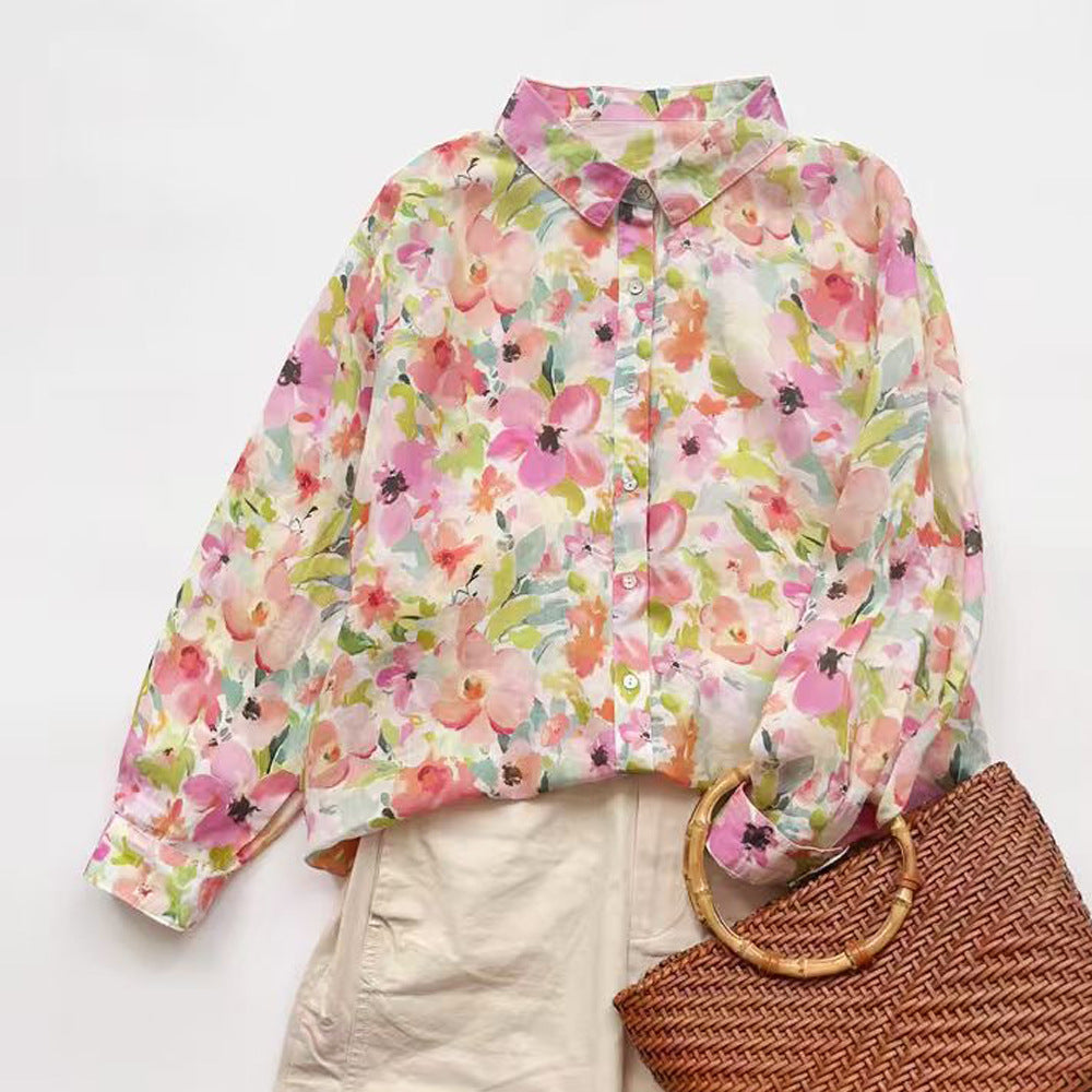 Ramie Printed Shirt Long Sleeve Women