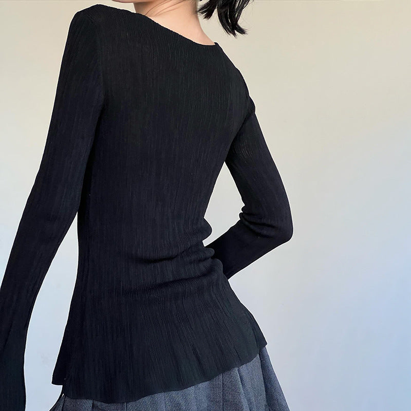 Solid Color Textured Knitted T-Shirt Women SA414