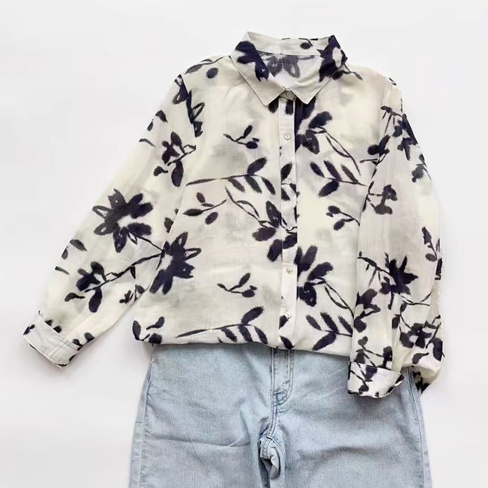 Ramie Printed Shirt Long Sleeve Women