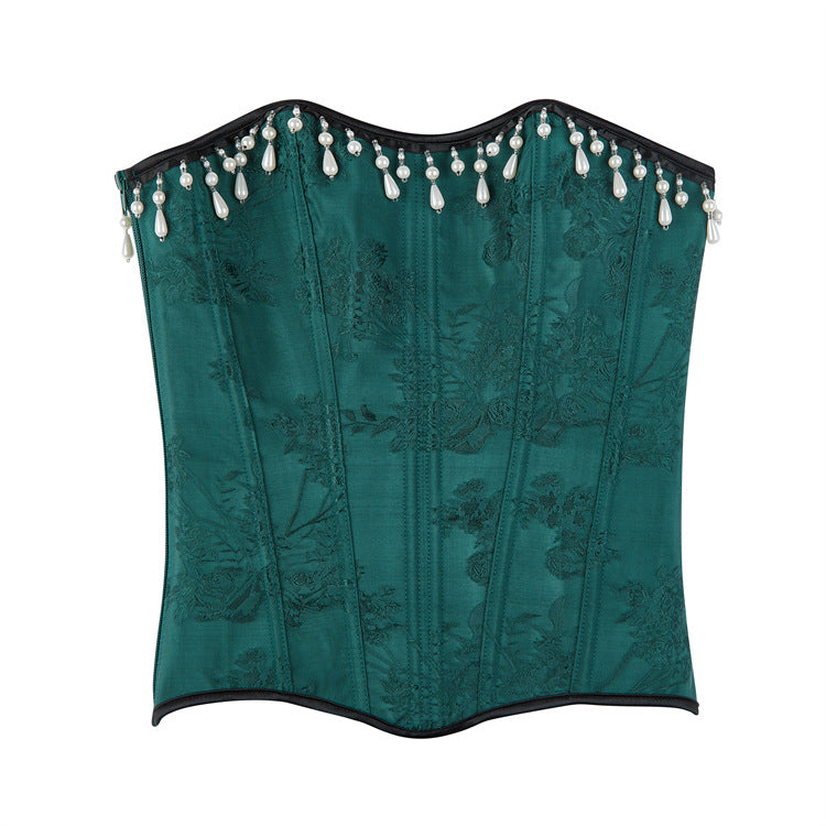 Dark Green Women's Top with Pearl Jewelry Pendant 69A647