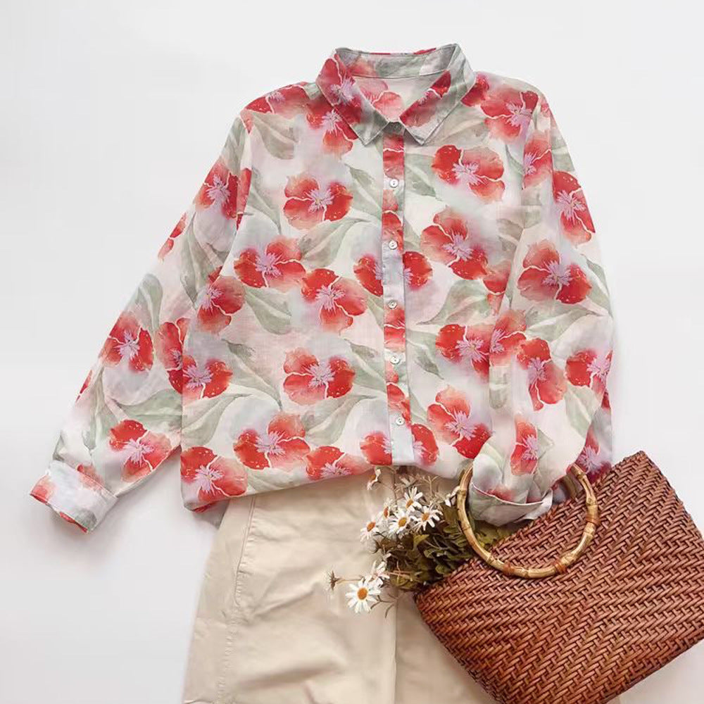 Ramie Printed Shirt Long Sleeve Women