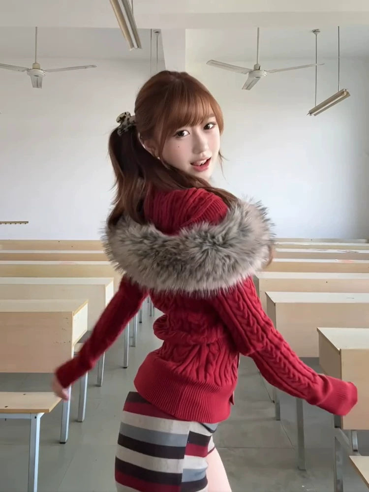 Red Fur-neck Hooded Knitted Cardigan SA630