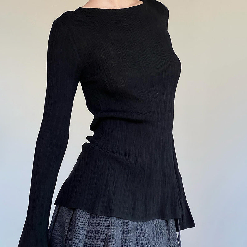 Solid Color Textured Knitted T-Shirt Women SA414
