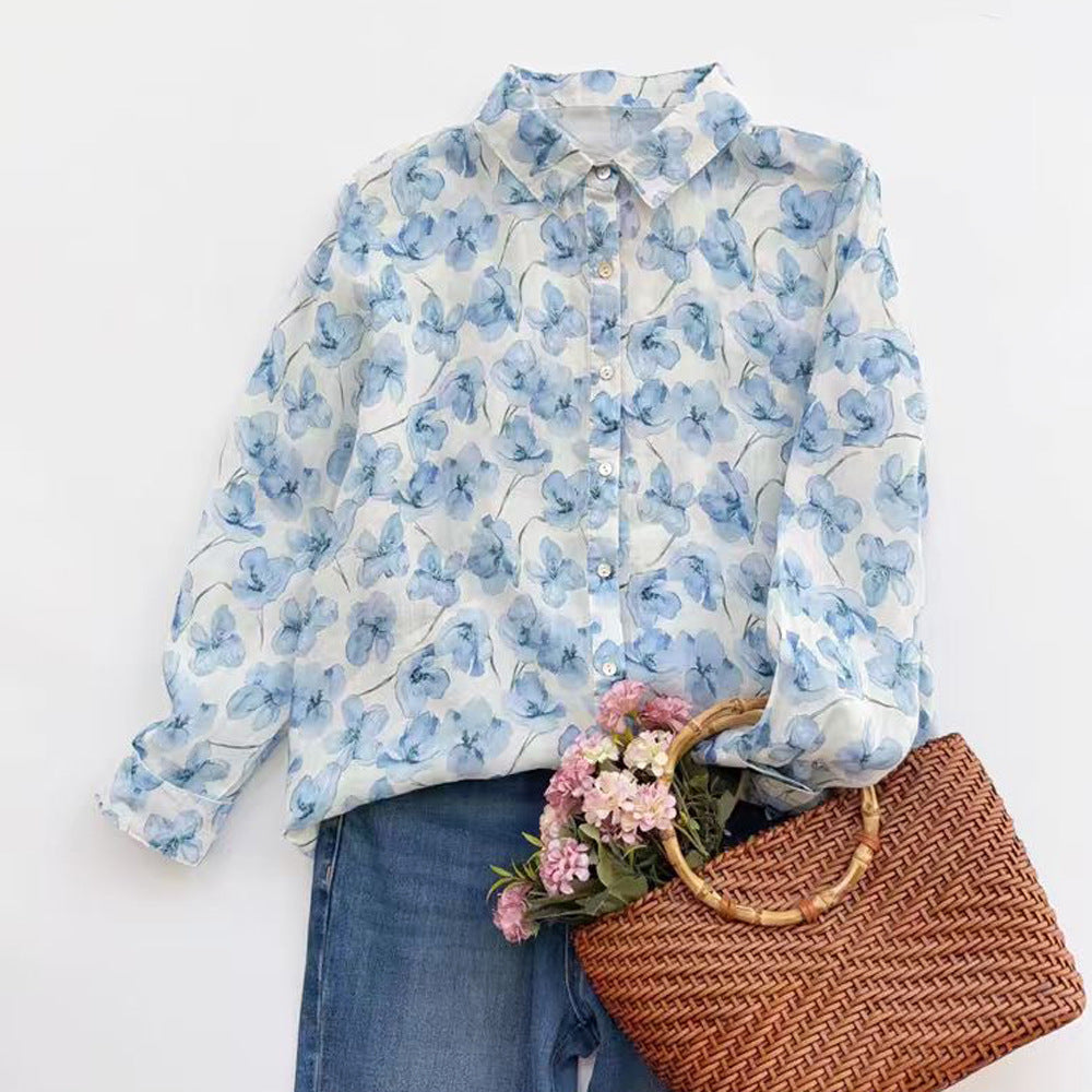 Ramie Printed Shirt Long Sleeve Women