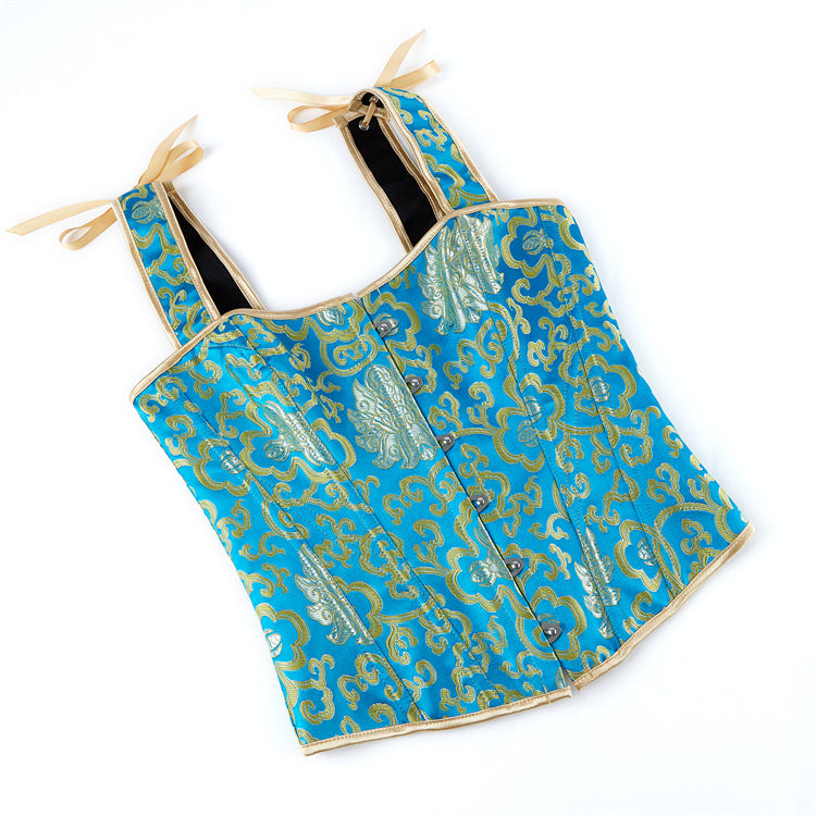 Blue Shoulder Strap Gold Pattern Women's Court Shapewear 69A640
