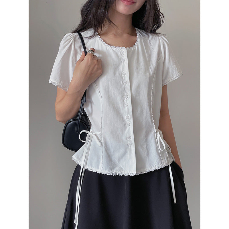 Summer Lace-up Waist Short-sleeved Top Sa443