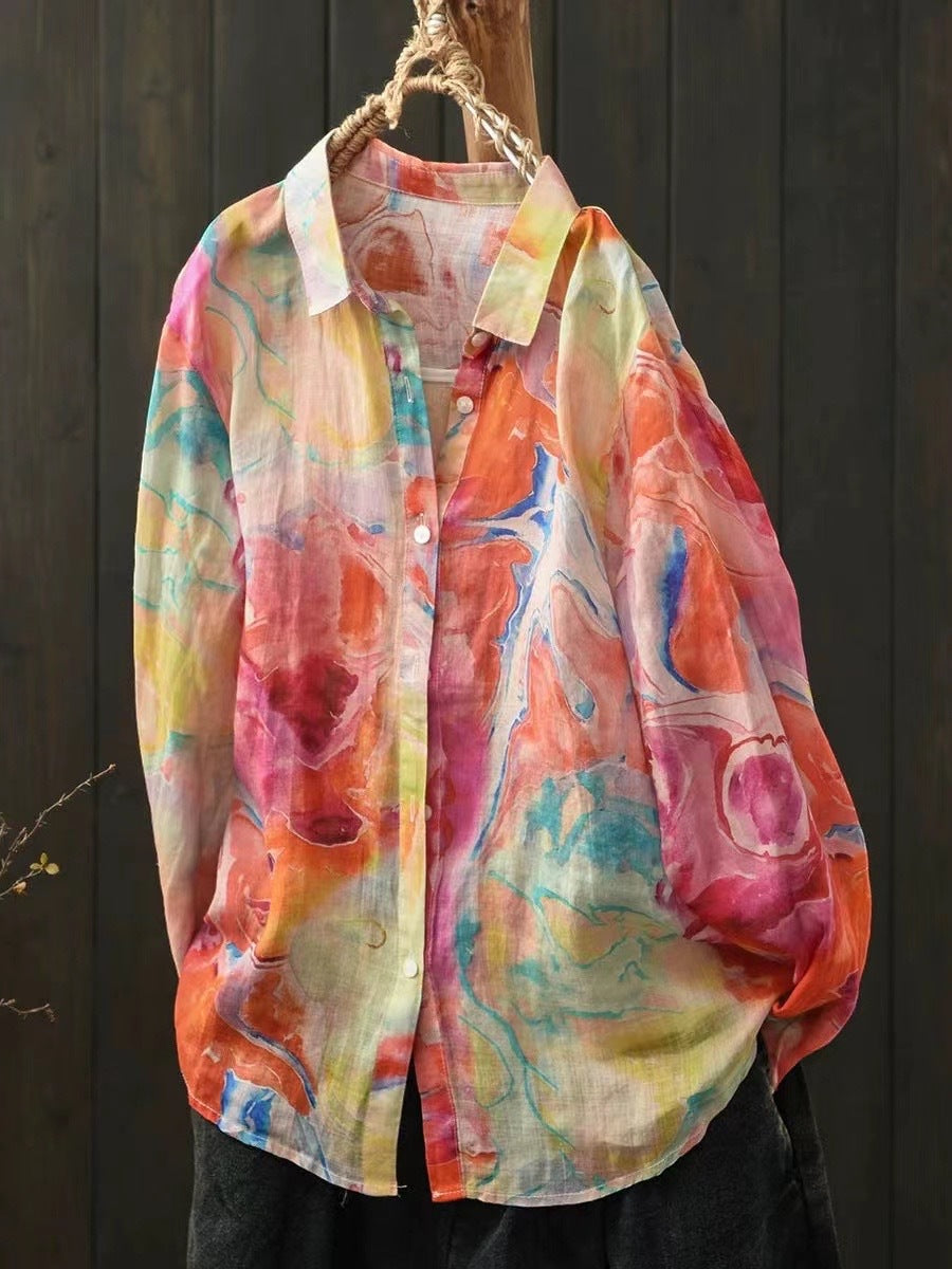 Ramie Printed Shirt Long Sleeve Women