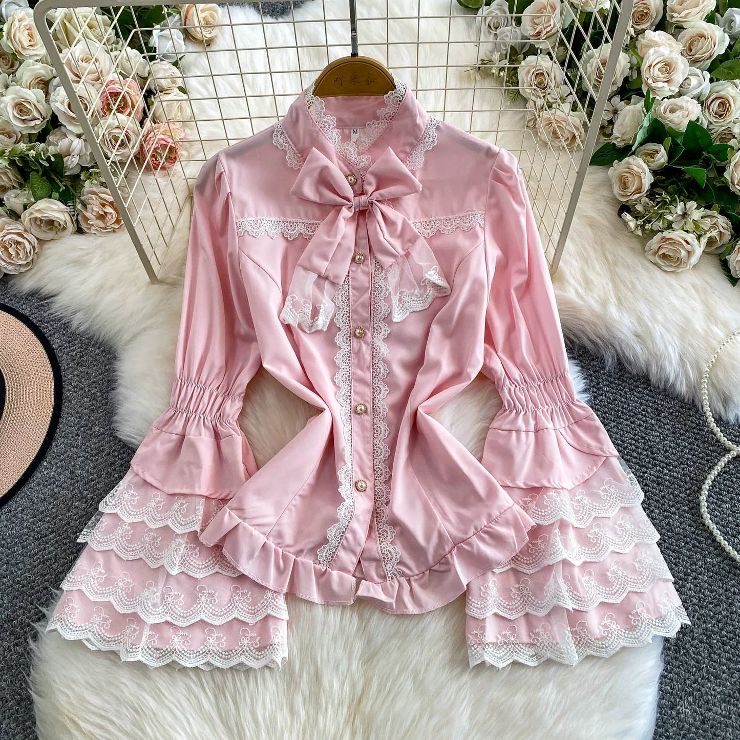 Lace Patchwork Stand Collar Shirt 64D112