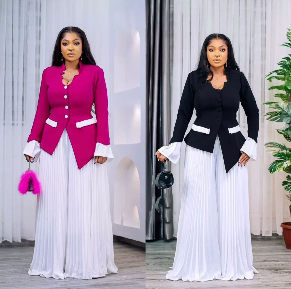 V-neck Long-sleeved Irregular Top, Loose Wide-leg Trousers Set