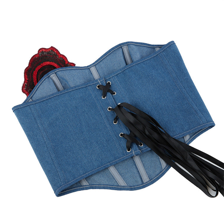 Blue Denim Rose Women Tube Top Corset Court Shapewear 69A630