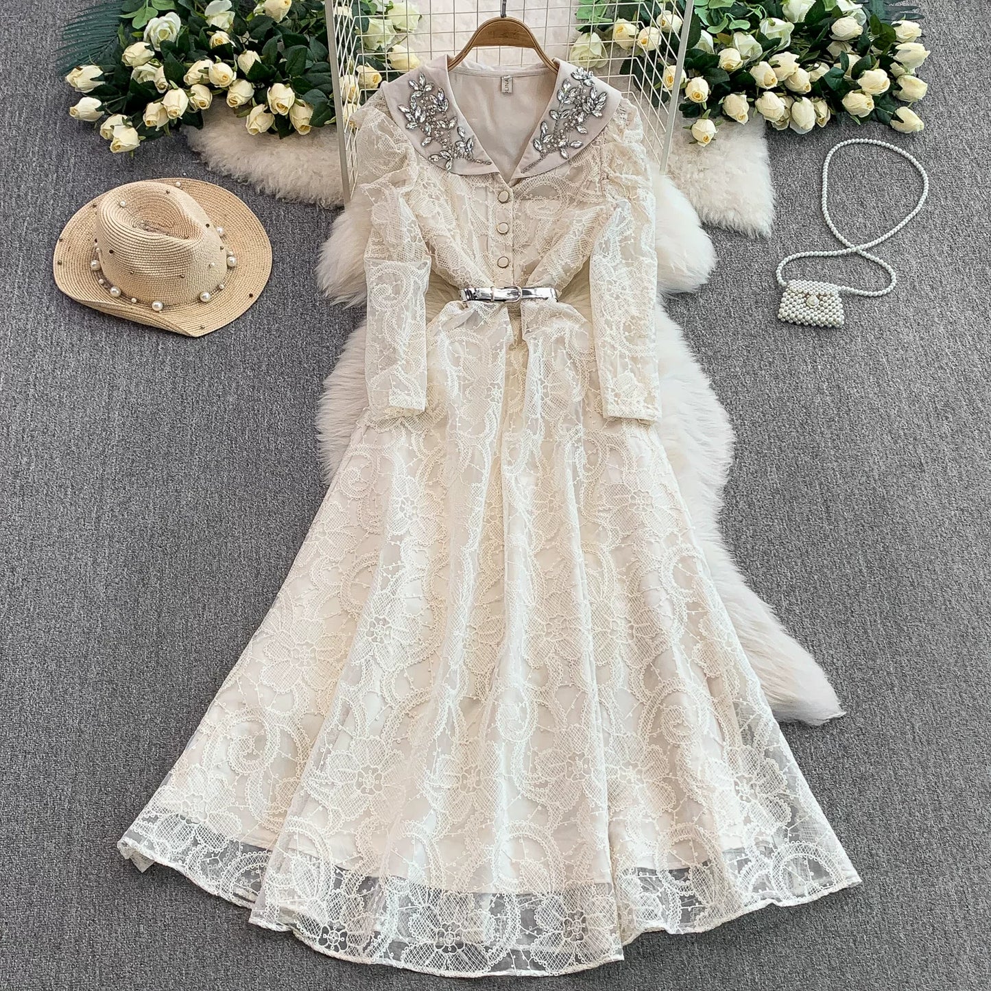 Diamond V-neck Long-sleeved Dress for Women 69B920