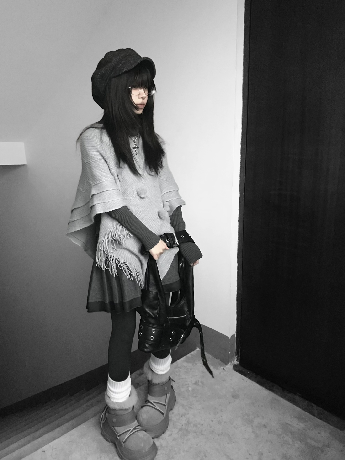 Grey Hairball Cape Knitted Sweater SA642