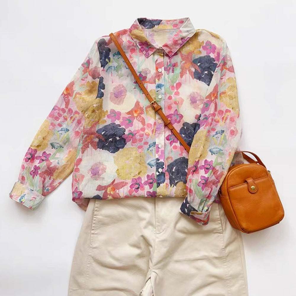 Ramie Printed Shirt Long Sleeve Women