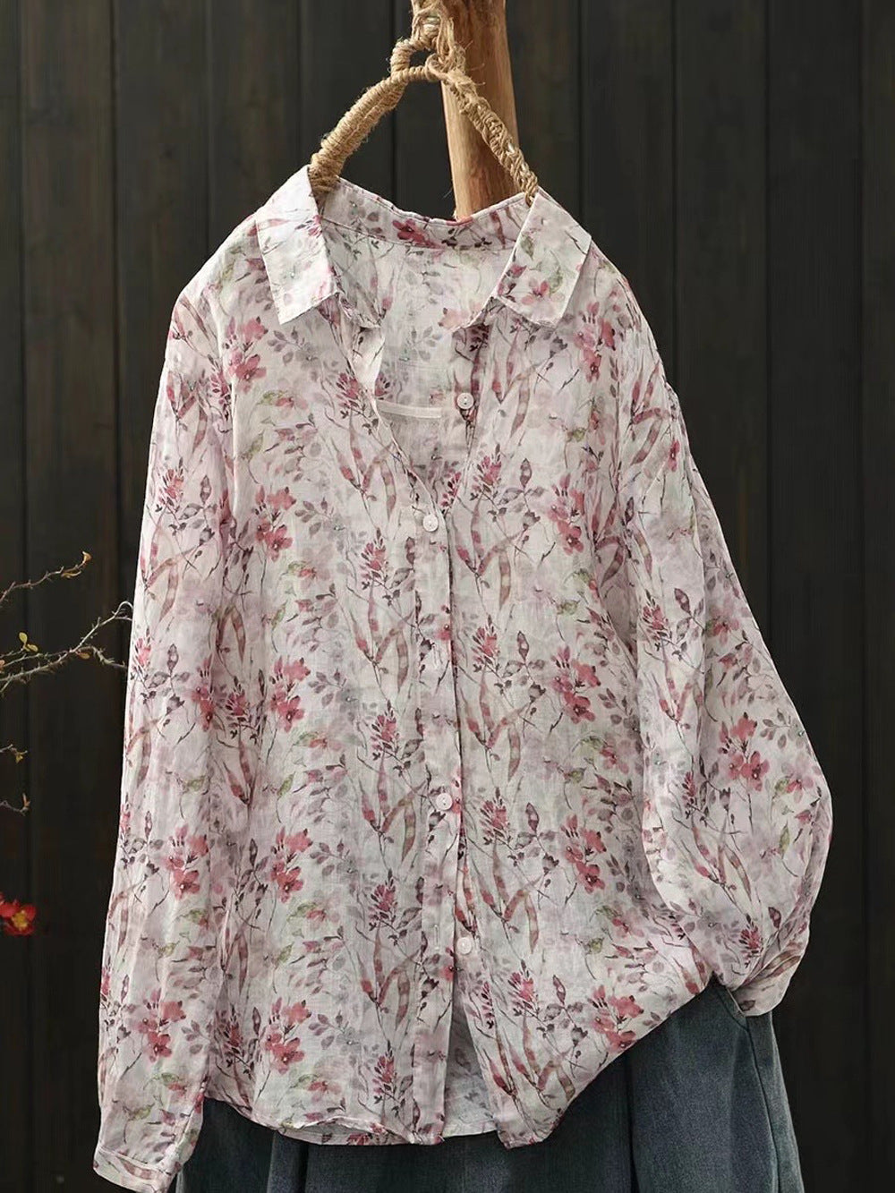 Ramie Printed Shirt Long Sleeve Women