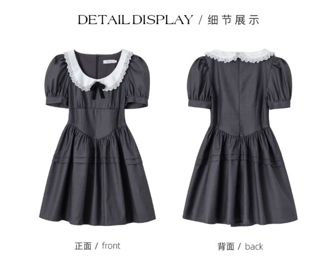 Doll Collar Bubble Sleeves Waist Gray Tutu Skirt 69B901