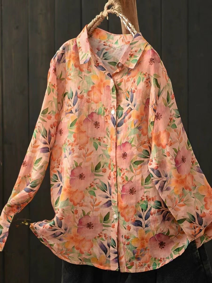 Ramie Printed Shirt Long Sleeve Women
