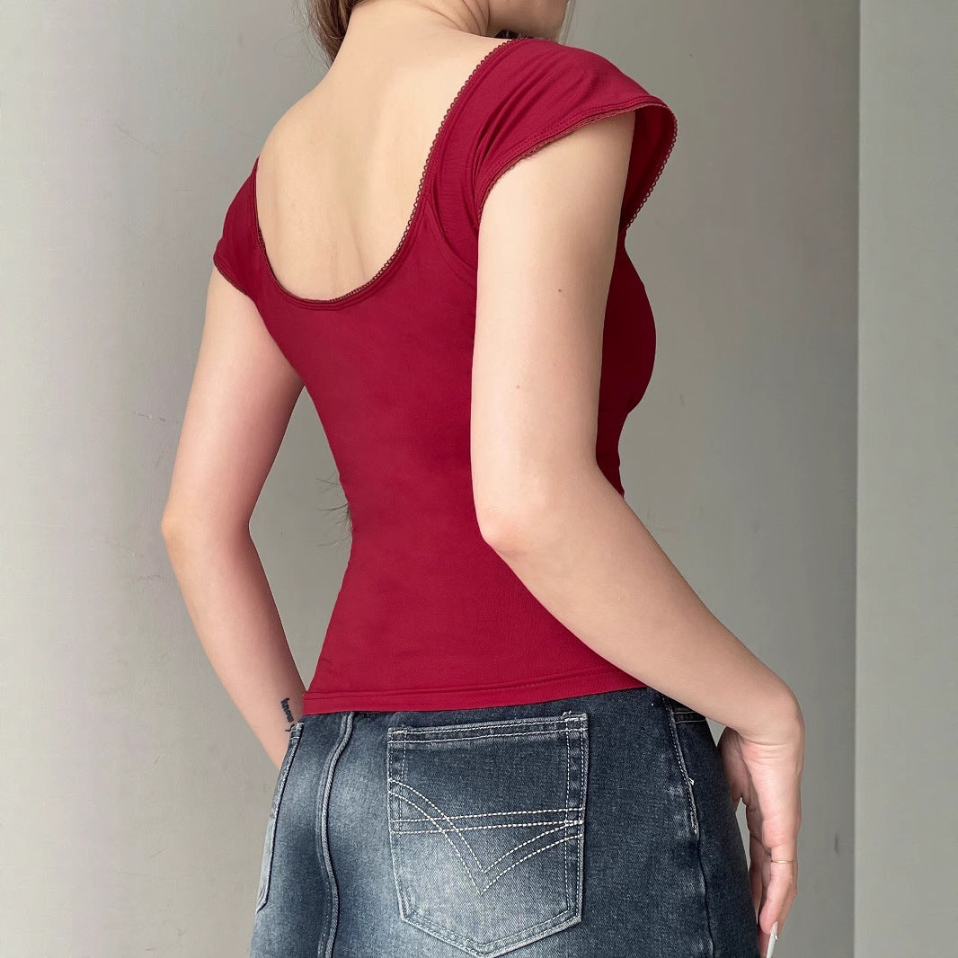 Square Neck Lace-Up Short Sleeve T-Shirt SA352