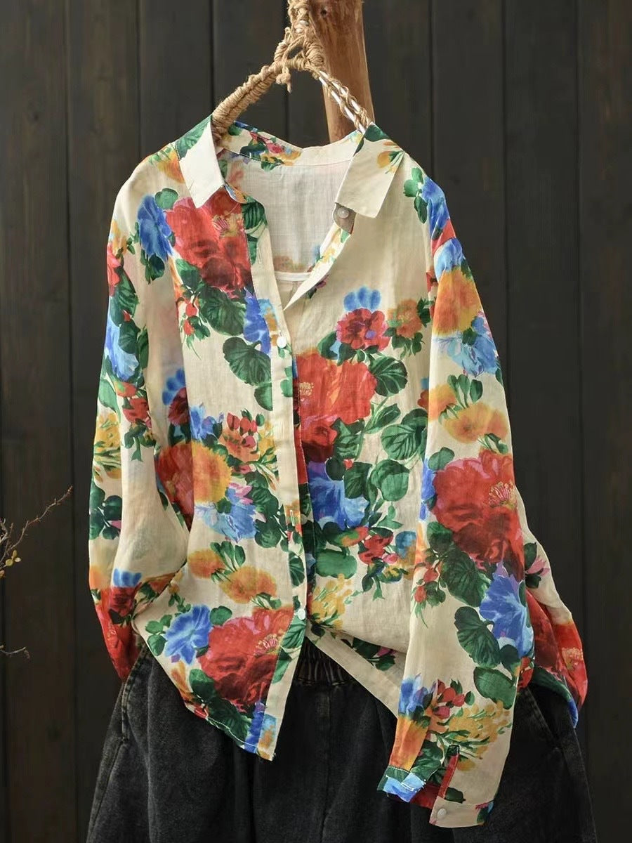 Ramie Printed Shirt Long Sleeve Women