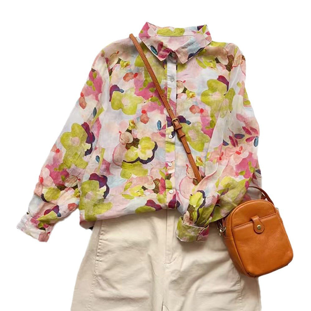 Ramie Printed Shirt Long Sleeve Women