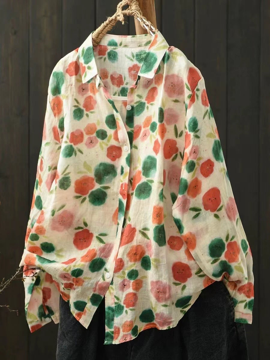 Ramie Printed Shirt Long Sleeve Women