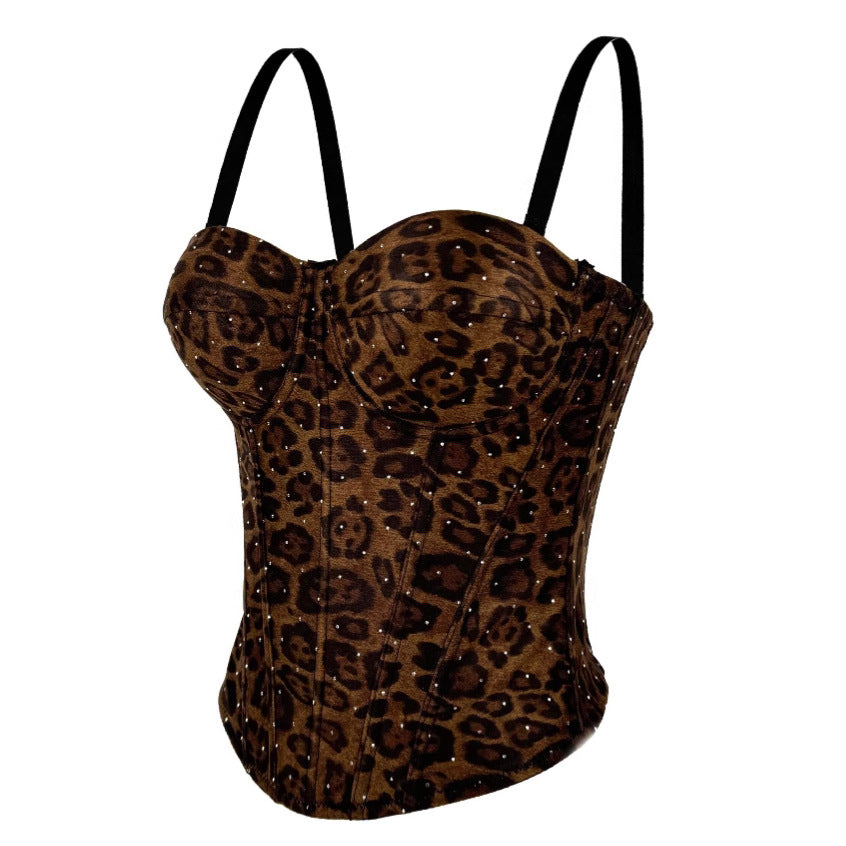 Golden Brown Leopard Print Suede Short Vest