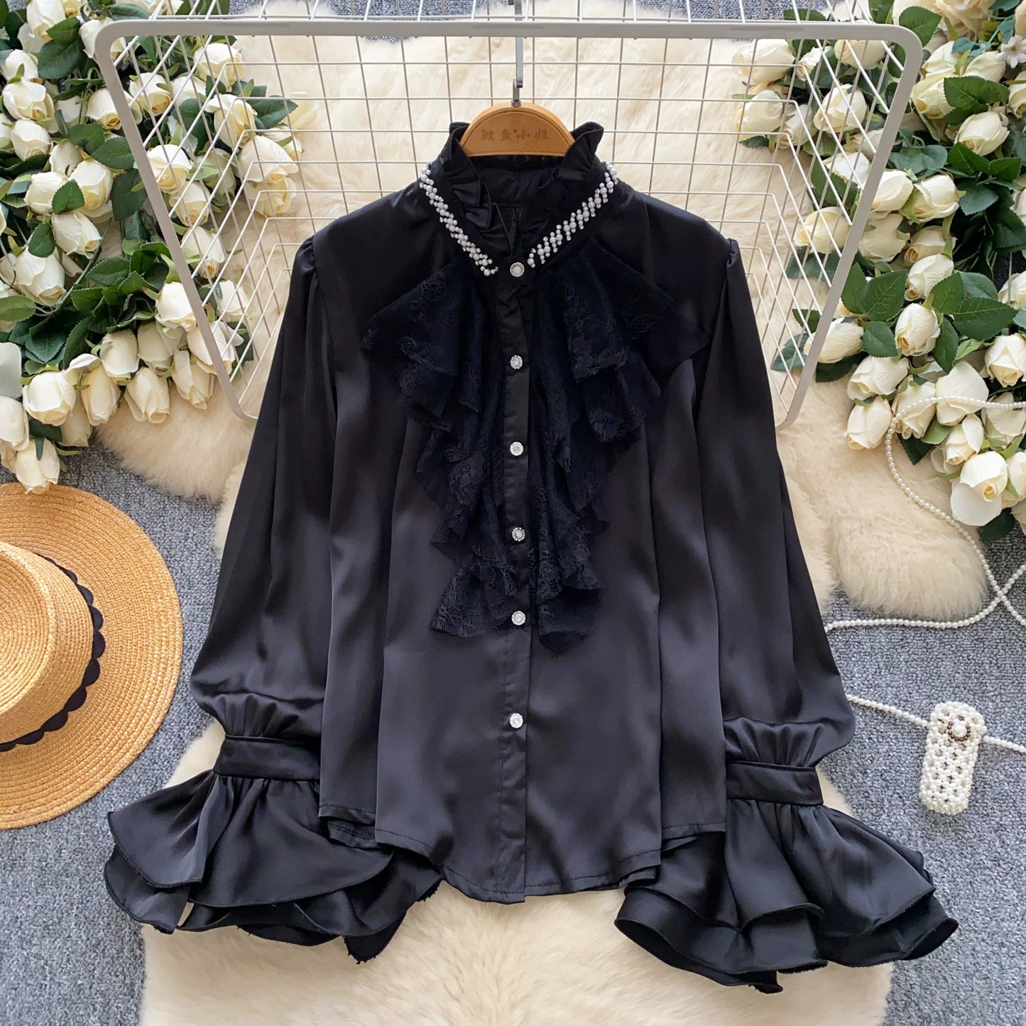 Diamond Stand-Up Neck Flared Sleeve Satin Shirt Women