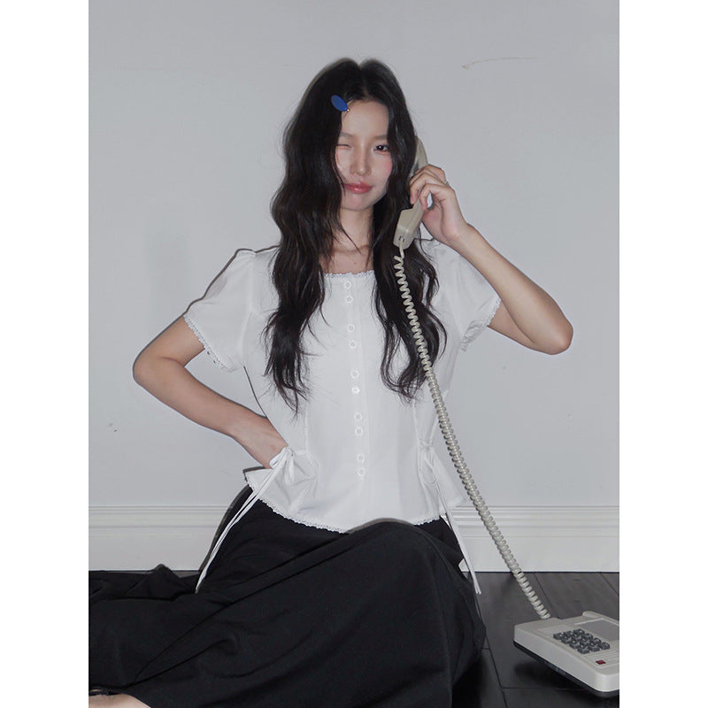 Summer Lace-up Waist Short-sleeved Top Sa443